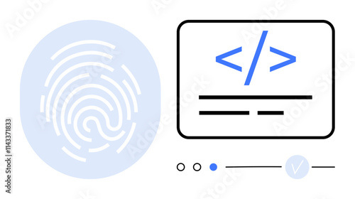Fingerprint and code snippet represent security. Ideal for cybersecurity, authentication systems, identity verification, coding security, digital protection, secure login, privacy measures. Line