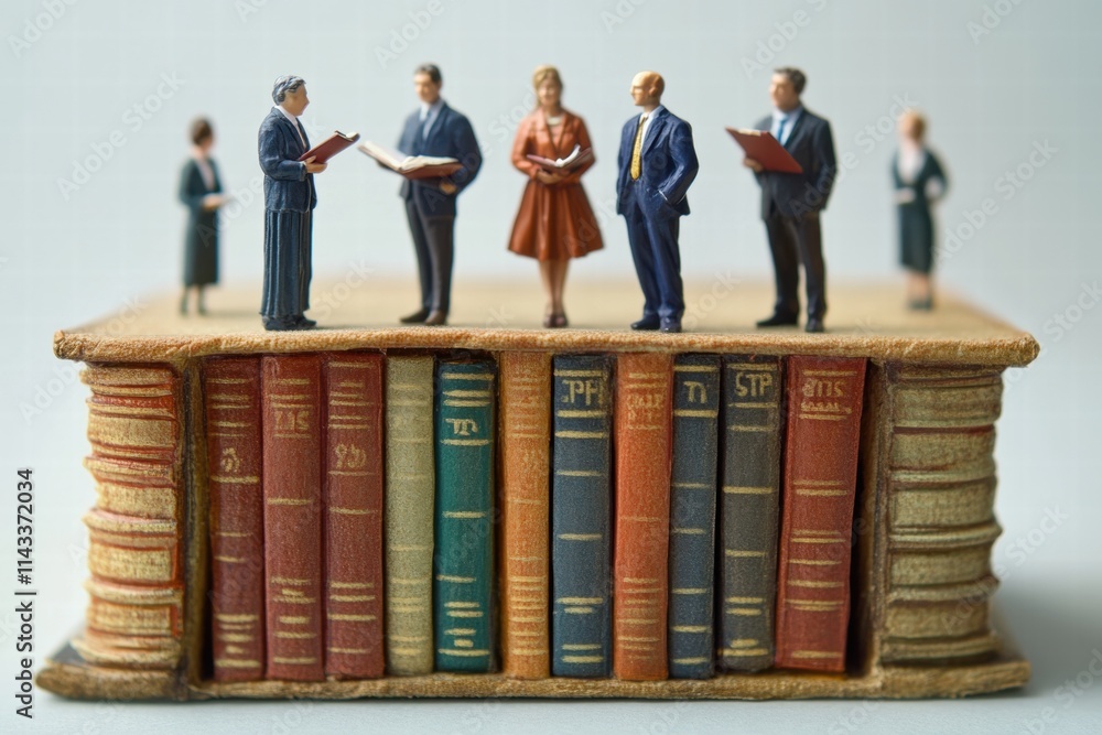Miniature Figures Discussing Ideas on Top of a Vintage Book Stack Miniature Figures Discussing Ideas on Top of a Vintage Book Stack