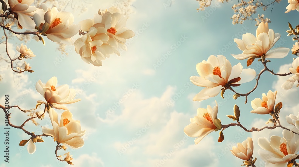 Fototapeta premium Delicate Magnolia Blossoms Against A Sunny Sky