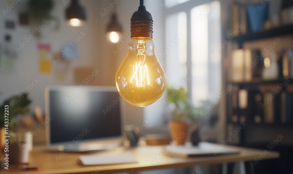 A glowing light bulb illuminates a cozy workspace with plants and a computer. A glowing light bulb illuminates a cozy workspace with plants and a computer.