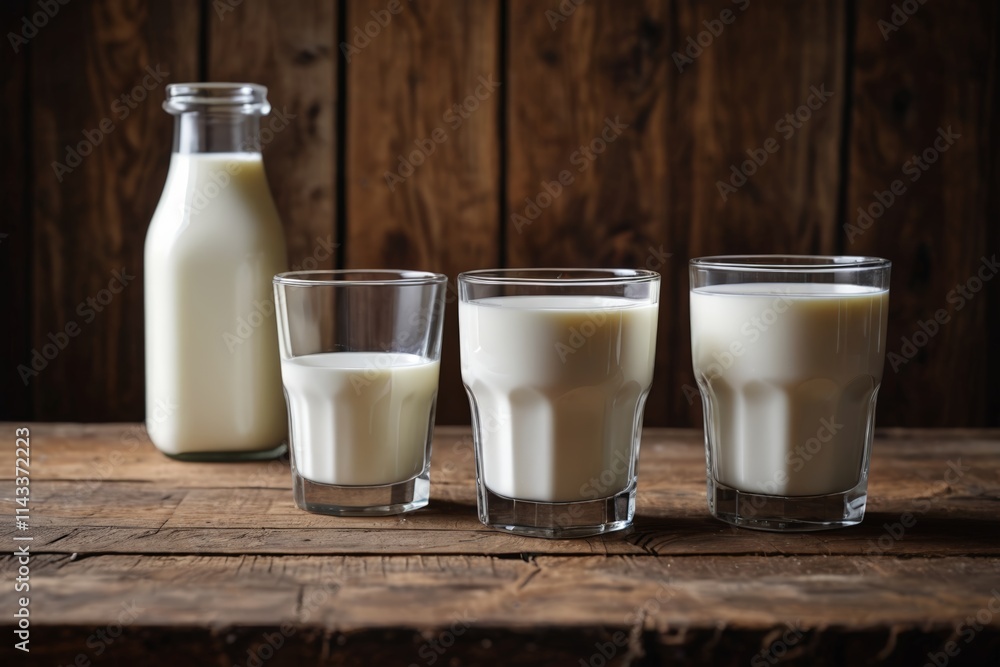 three glasses of milk and a bottle of milk on a wooden table three glasses of milk and a bottle of milk on a wooden table