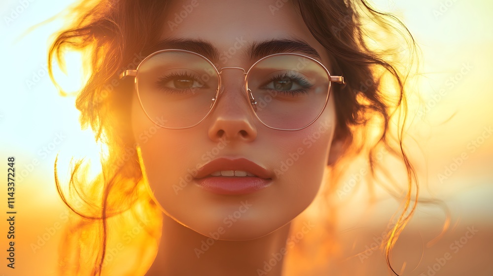 Young woman with curly hair and glasses basking in a warm sunset glow. Young woman with curly hair and glasses basking in a warm sunset glow.