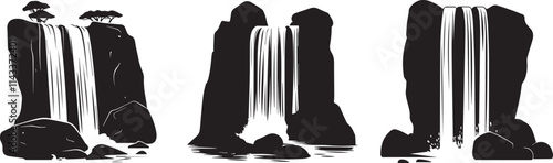 Silhouette of waterfall cascading over a cliff edge into a lake vector silhouette