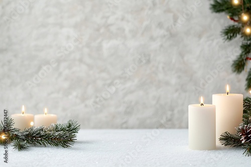 Cozy winter holiday background with glowing candles fairy lights and festive garlands photo