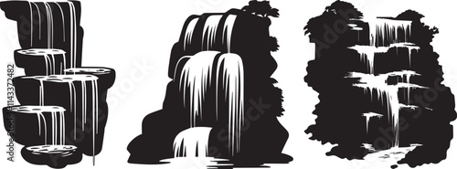Silhouette of Waterfall, multiple tiers of falling water vector silhouette