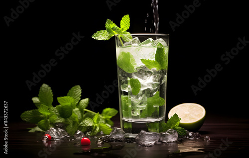 A refreshing cocktail made with lime, mint and ice in a glass. Perfect for a cool, refreshing drink with a hint of rum and soda. photo