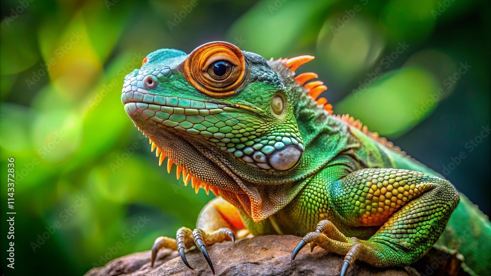 A Vibrant Green Lizard Perched on a Rock, Its Sharp Claws and Intricate Scales Gleaming in the Sunlight A Vibrant Green Lizard Perched on a Rock, Its Sharp Claws and Intricate Scales Gleaming in the Sunlight