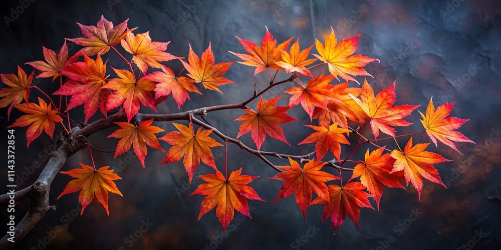A delicate branch adorned with vibrant crimson and golden leaves, a symphony of autumnal hues against a backdrop of muted gray, evoking a sense of serene beauty and ephemeral change.