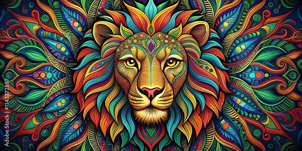 A regal lion's face framed by vibrant, swirling, and meticulously detailed patterns in a captivating tapestry of colors. A regal lion's face framed by vibrant, swirling, and meticulously detailed patterns in a captivating tapestry of colors.