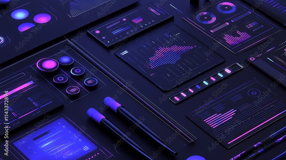 Futuristic UI elements, digital dashboard, data visualization, neon interface. Futuristic UI elements, digital dashboard, data visualization, neon interface.