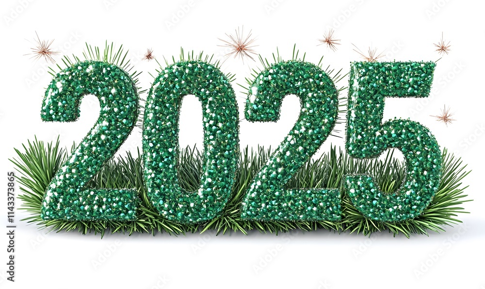Shiny, green 2025 year with fir branches and starburst on white. Shiny, green 2025 year with fir branches and starburst on white.