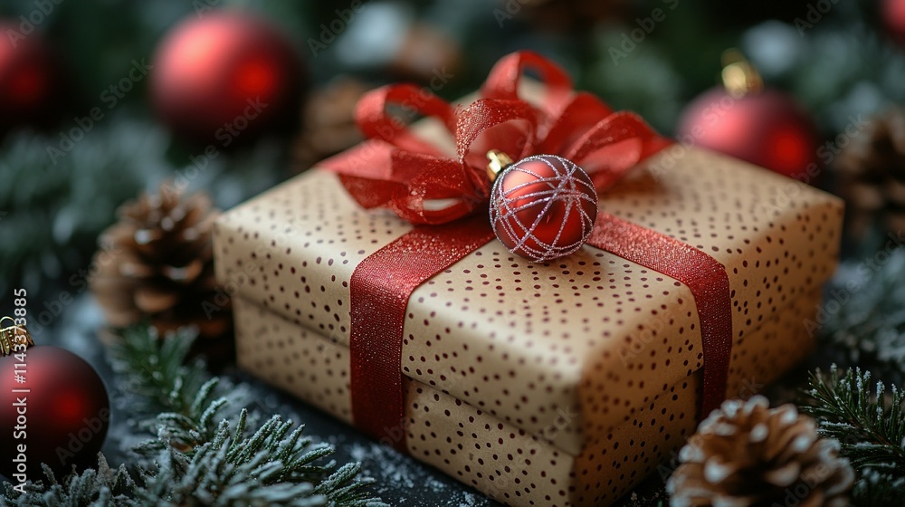 Elegant Christmas Composition: Gift Box with Red Ribbon and Fir Branches on Clear Canvas Elegant Christmas Composition: Gift Box with Red Ribbon and Fir Branches on Clear Canvas