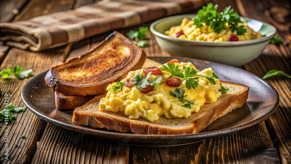 Scrambled Eggs on Toasted Bread with a Side of Fresh Parsley and a Rustic Wooden Background Scrambled Eggs on Toasted Bread with a Side of Fresh Parsley and a Rustic Wooden Background