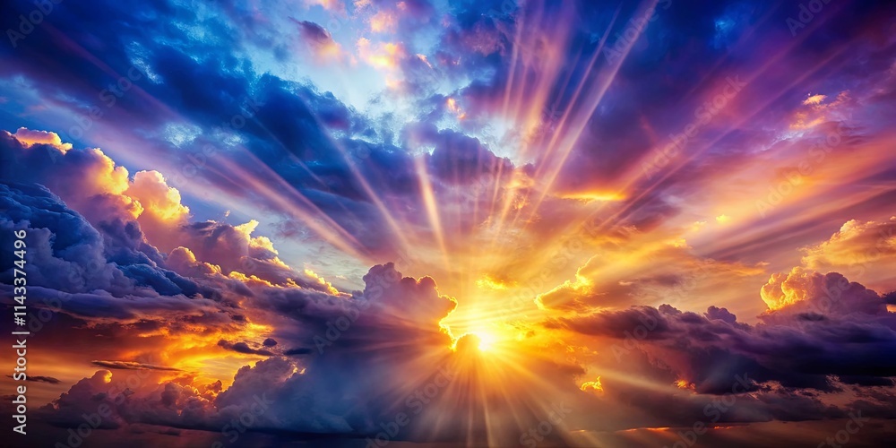 Fototapeta premium A Radiant Burst of Golden Light Pierces Through a Sky of Crimson, Azure, and Violet Hues, Painting the Heavens with Vivid Colors