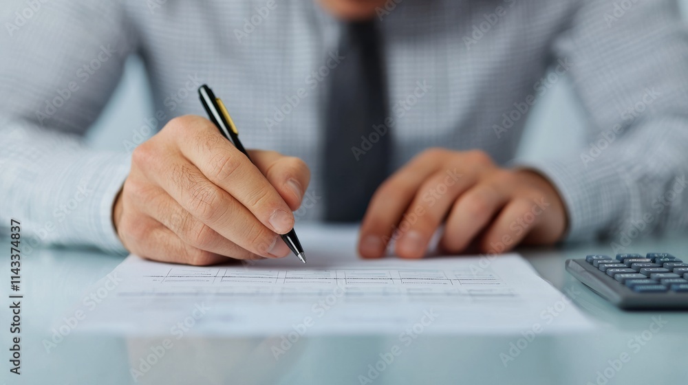 A professional writing on a document, showcasing a focused approach to tasks, with a calculator nearby, representing business or financial activities. A professional writing on a document, showcasing a focused approach to tasks, with a calculator nearby, representing business or financial activities.