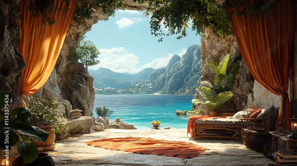 Fototapeta premium Mediterranean Cave Oasis: Serene Coastal Escape