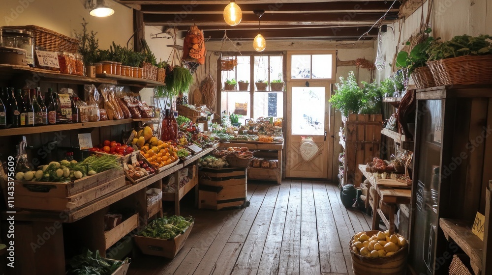 Rustic Country Store with Fresh Produce and Wooden Shelving Rustic Country Store with Fresh Produce and Wooden Shelving