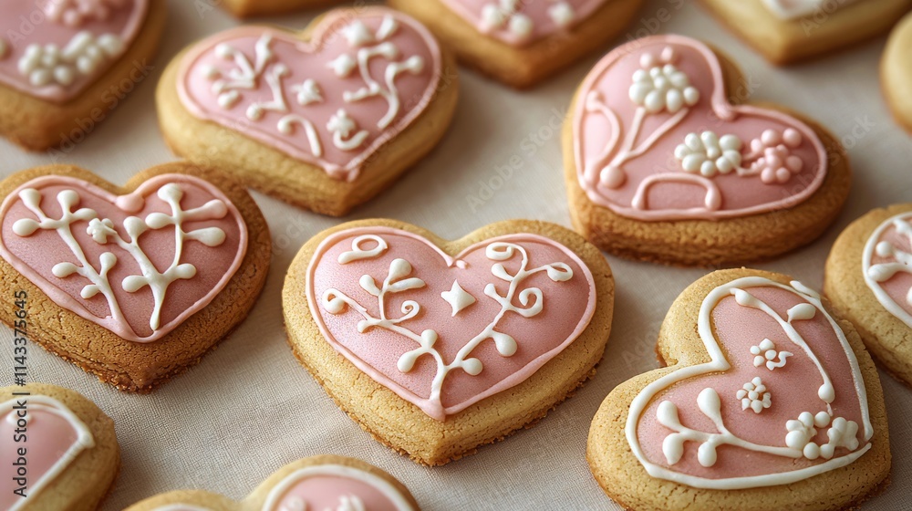 Heart-shaped cookies: Decorative cookies with royal icing designs, neatly displayed on a plain beige surface for a high-focus view Heart-shaped cookies: Decorative cookies with royal icing designs, neatly displayed on a plain beige surface for a high-focus view