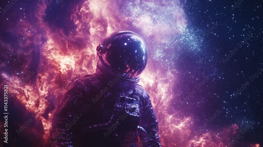 Fototapeta premium An astronaut in a vibrant cosmic scene filled with nebulae and stars.