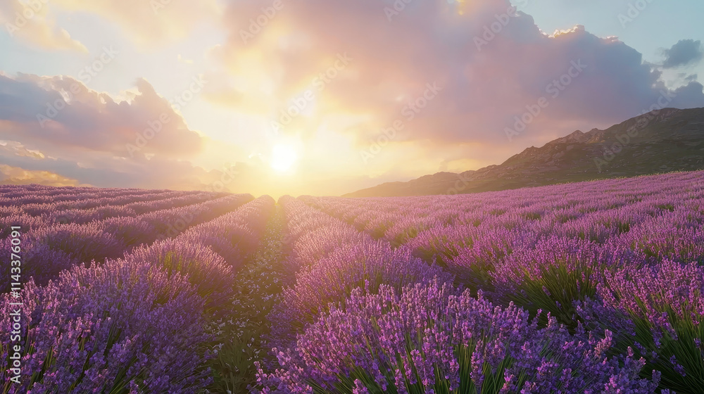 Obraz premium Lavender Fields at Sunrise with Golden Light and Rolling Hills