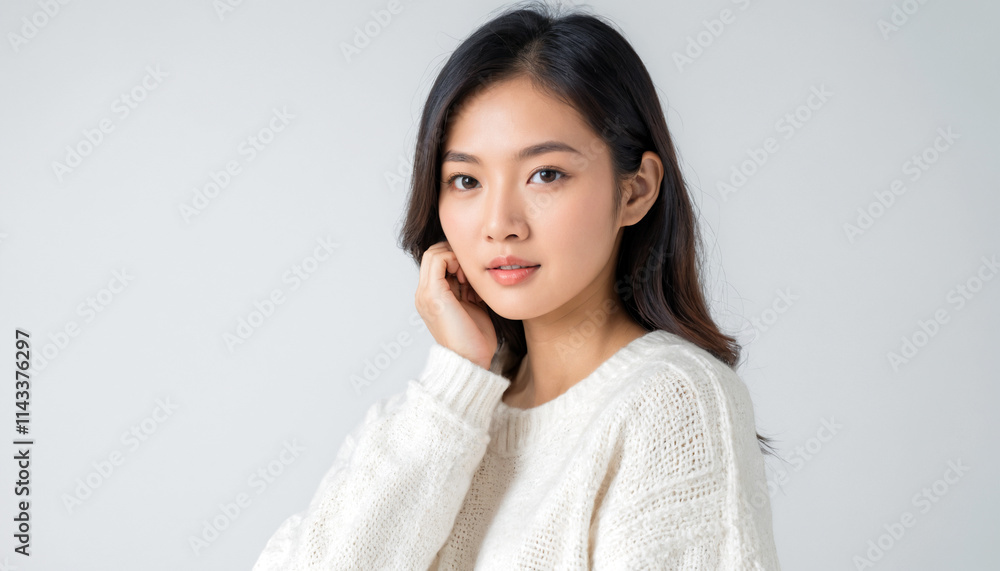 Beautiful Asian woman in a white sweater on a white background Beautiful Asian woman in a white sweater on a white background