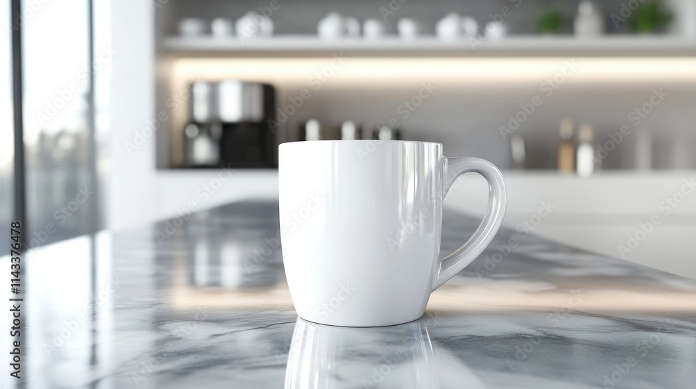 White Coffee Mug on Marble Counter in Modern Kitchen Setting White Coffee Mug on Marble Counter in Modern Kitchen Setting