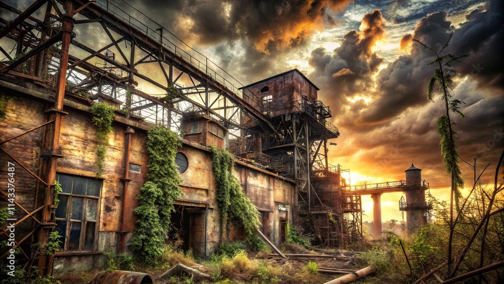 A Rusted Industrial Structure Reclaimed by Nature, Bathed in the Golden Light of a Dramatic Sunset A Rusted Industrial Structure Reclaimed by Nature, Bathed in the Golden Light of a Dramatic Sunset
