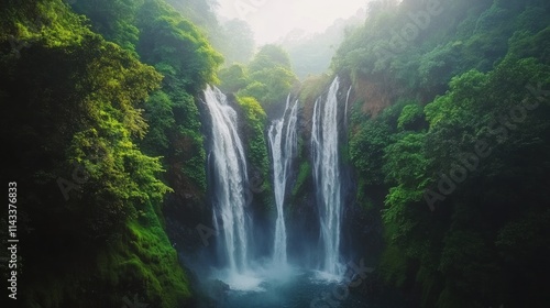 Triple Waterfall Plunging into Lush Green Valley