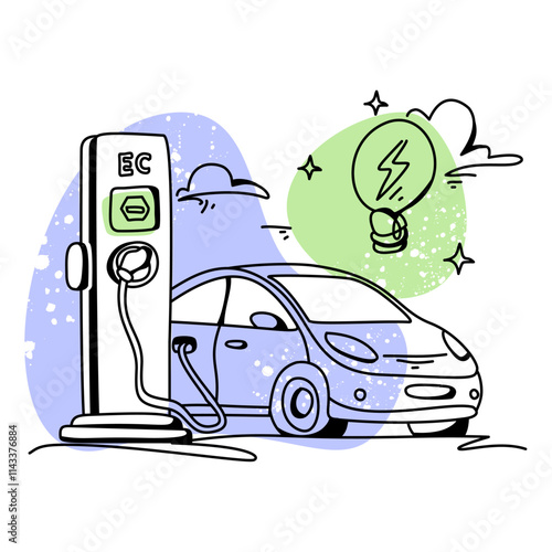 Colorful flat design showcasing an electric car connected to a renewable Energy Charging Station, symbolizing the future of clean transportation