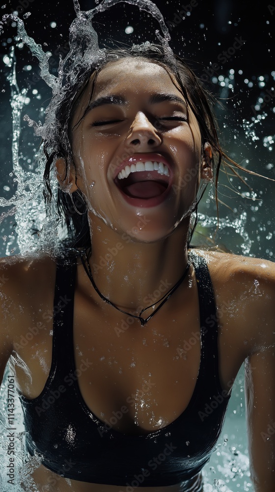 Obraz premium Joyful Young Woman Splashing Water in Pool