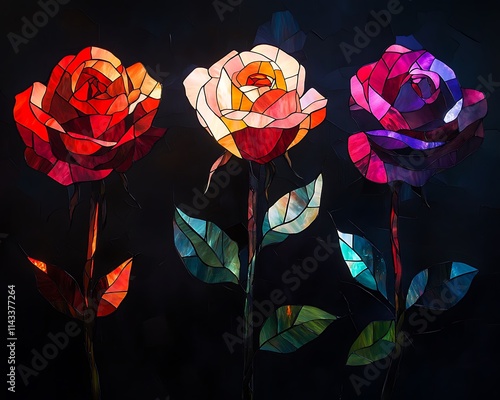 Three Stained Glass Roses Dark Background Artwork