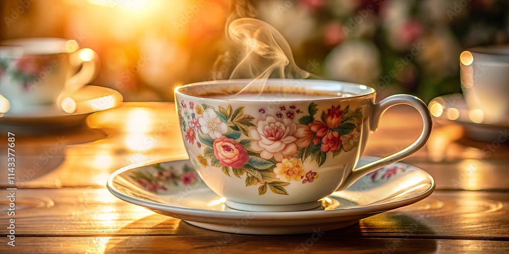 A porcelain teacup adorned with delicate floral patterns, emitting warm steam, rests upon a matching saucer on a rustic wooden surface, bathed in the golden glow of the afternoon sun. A porcelain teacup adorned with delicate floral patterns, emitting warm steam, rests upon a matching saucer on a rustic wooden surface, bathed in the golden glow of the afternoon sun.