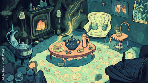 Illustration drawing where a tea set comes alive, hosting a miniature adventure on the coffee table