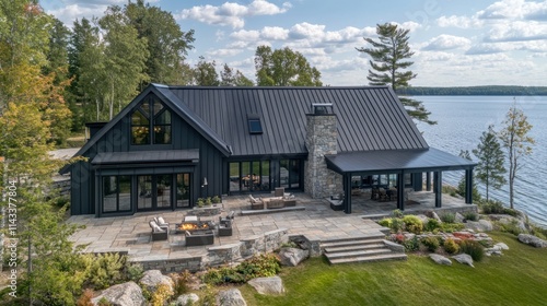 Modern black lake house with patio, stone fireplace, and large windows.