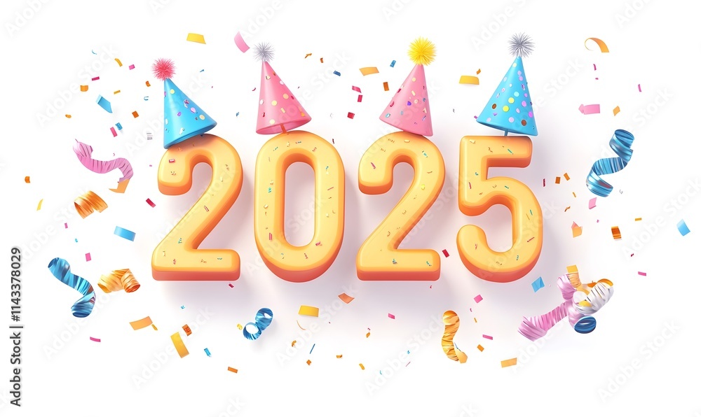Fototapeta premium 2025 with party hats and confetti on white.