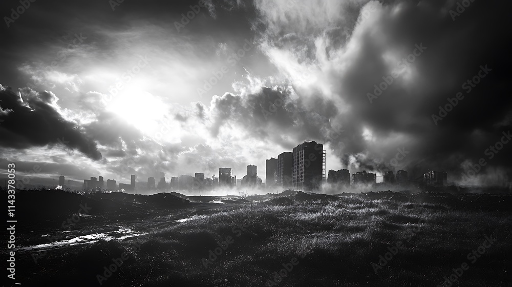 Apocalyptic Cityscape, Dramatic Sky, Black and White