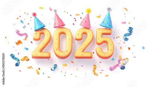 2025 with party hats and confetti on white.