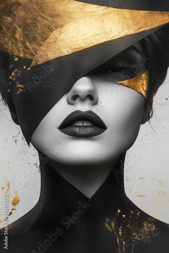 Abstract Portrait of a Woman with Bold Black Lips and Gold Splashes in Minimalist Monochrome Style photo