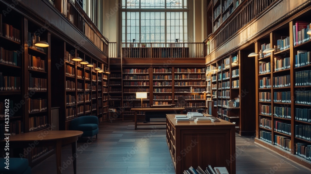 Serene Library Interior with Tall Wooden Shelves Serene Library Interior with Tall Wooden Shelves