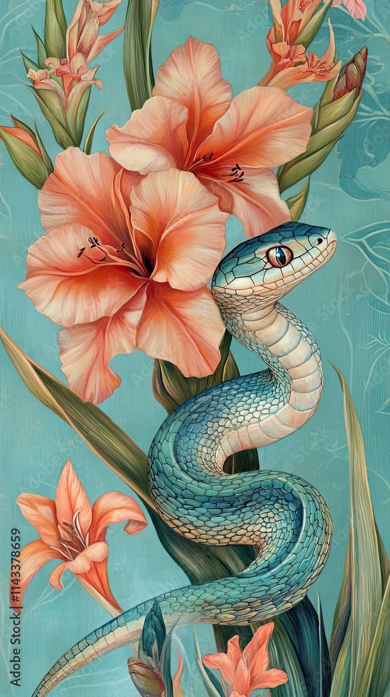 Fototapeta premium Serpentine Beauty Amidst Peach Gladiolus Blooms