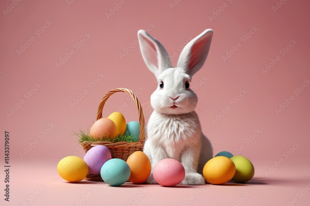 Fototapeta premium there is a white rabbit sitting next to a basket of eggs