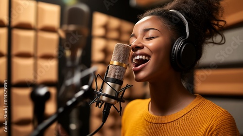 A young woman sings passionately into a microphone in a recording studio.