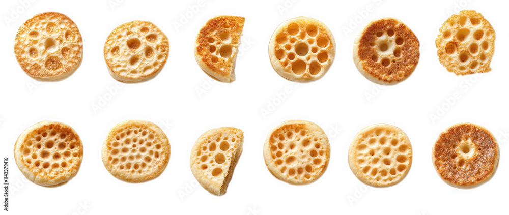 a collection of twelve crumpets. some whole and some halved. arranged in two rows on a transparent background a collection of twelve crumpets. some whole and some halved. arranged in two rows on a transparent background