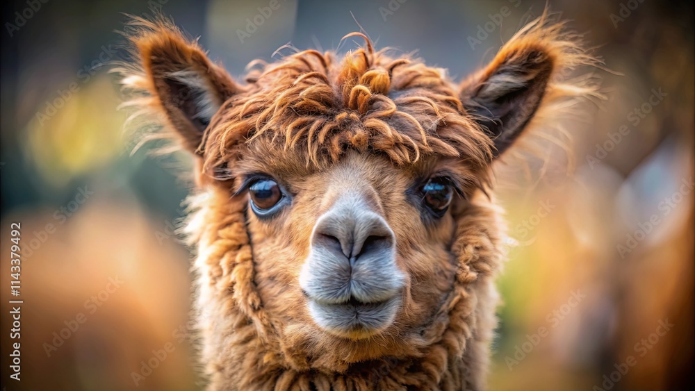 Fototapeta premium A curious alpaca with soft brown fur and captivating eyes gazes directly at the camera, its fluffy coat blending seamlessly with the warm autumn colors of the surrounding landscape.