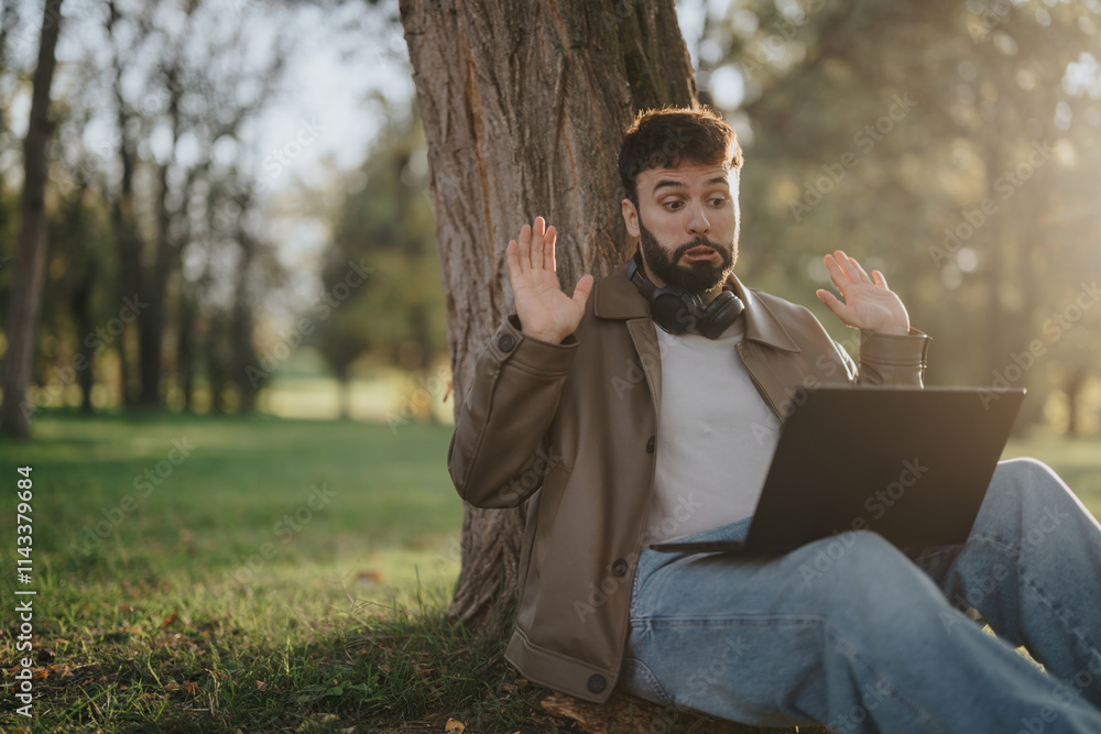 A man expresses surprise while using a laptop outdoors, sitting under a tree. The natural park setting and unexpected reaction convey feelings of surprise and nature's tranquility. A man expresses surprise while using a laptop outdoors, sitting under a tree. The natural park setting and unexpected reaction convey feelings of surprise and nature's tranquility.