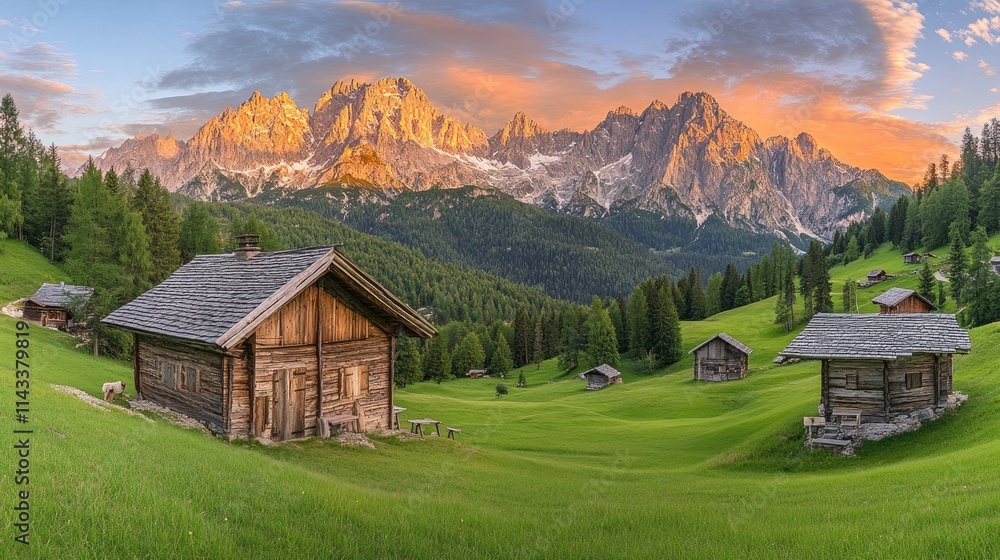 Serene Mountain Landscape with Rustic Cabins and Vibrant Sunset Sky Serene Mountain Landscape with Rustic Cabins and Vibrant Sunset Sky