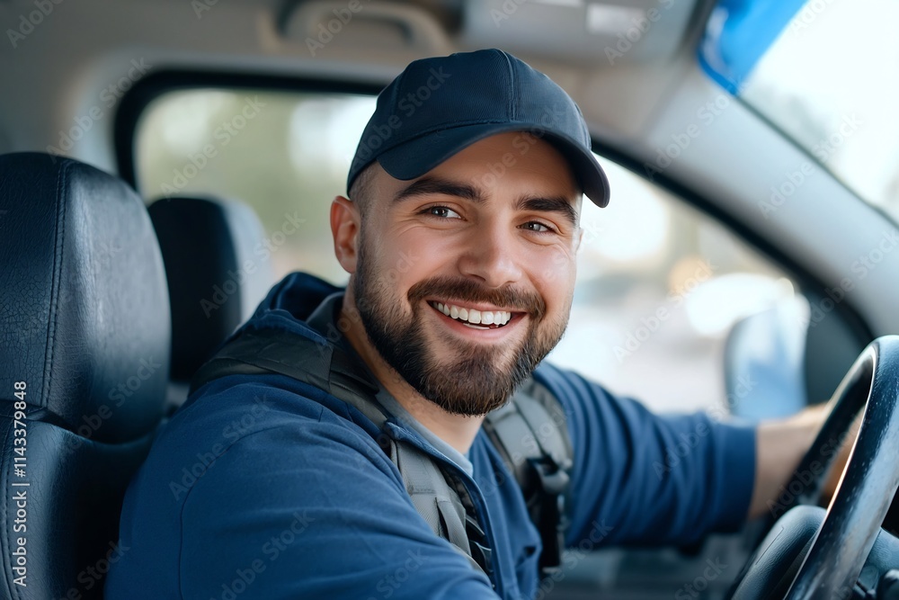 Confident Taxi Driver Smiling at in Workspace with Soft Lighting and Cinematic Feel Confident Taxi Driver Smiling at in Workspace with Soft Lighting and Cinematic Feel