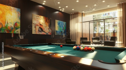 Luxurious Apartment Recreation Room with Pool Table and Modern Art