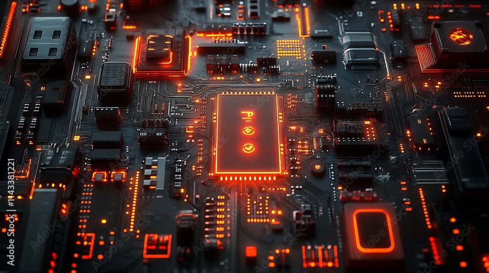 Close-up of a circuit board with glowing components. Close-up of a circuit board with glowing components.