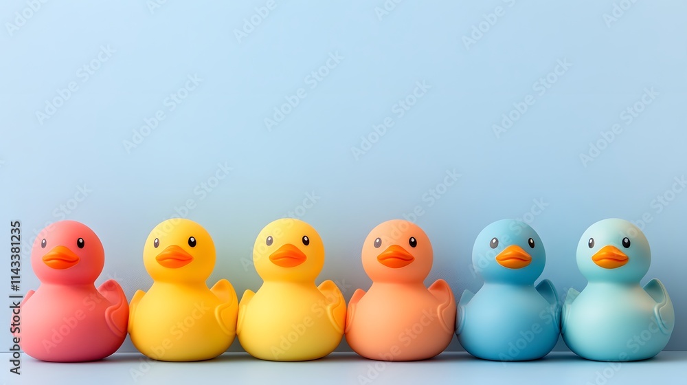Colorful rubber duck collection against a soft blue background. Colorful rubber duck collection against a soft blue background.